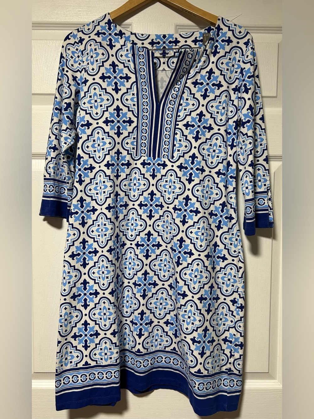 Rezobay Blue & White Patterned Women's Tunic Dress Large